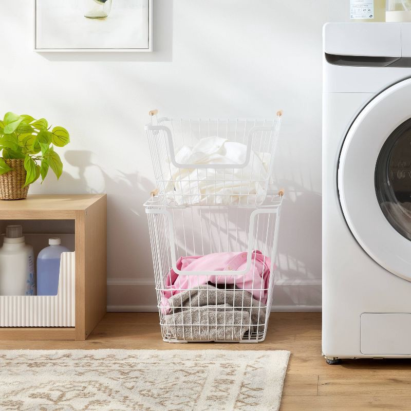 slide 2 of 3, 2pk Stacking Wire Laundry Baskets with Wooden Handles - Brightroom™, 2 ct
