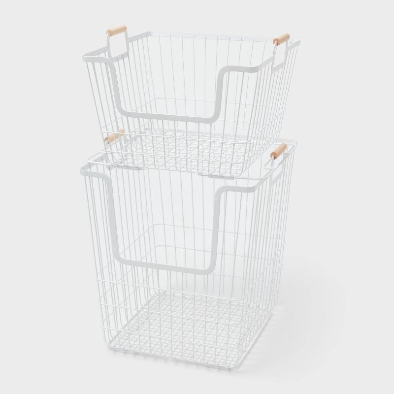 slide 1 of 3, 2pk Stacking Wire Laundry Baskets with Wooden Handles - Brightroom™, 2 ct