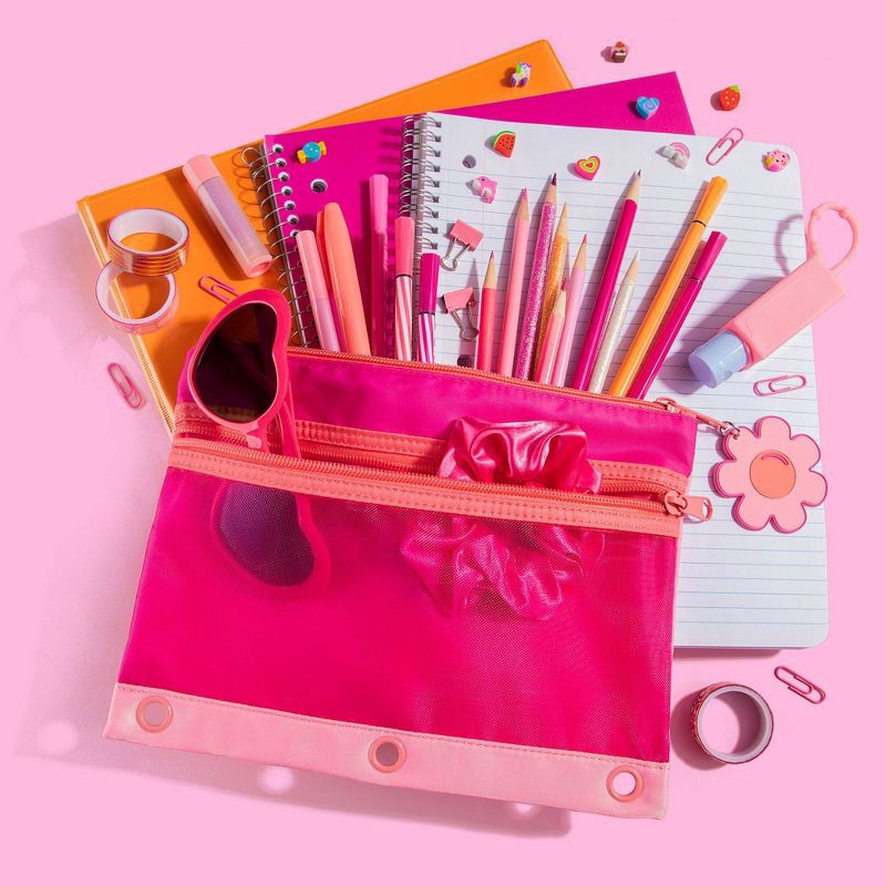 slide 4 of 5, Style Lab Colorblocked Nylon and Mesh Binder Pouch with 10 Mini Erasers Pink, 1 ct