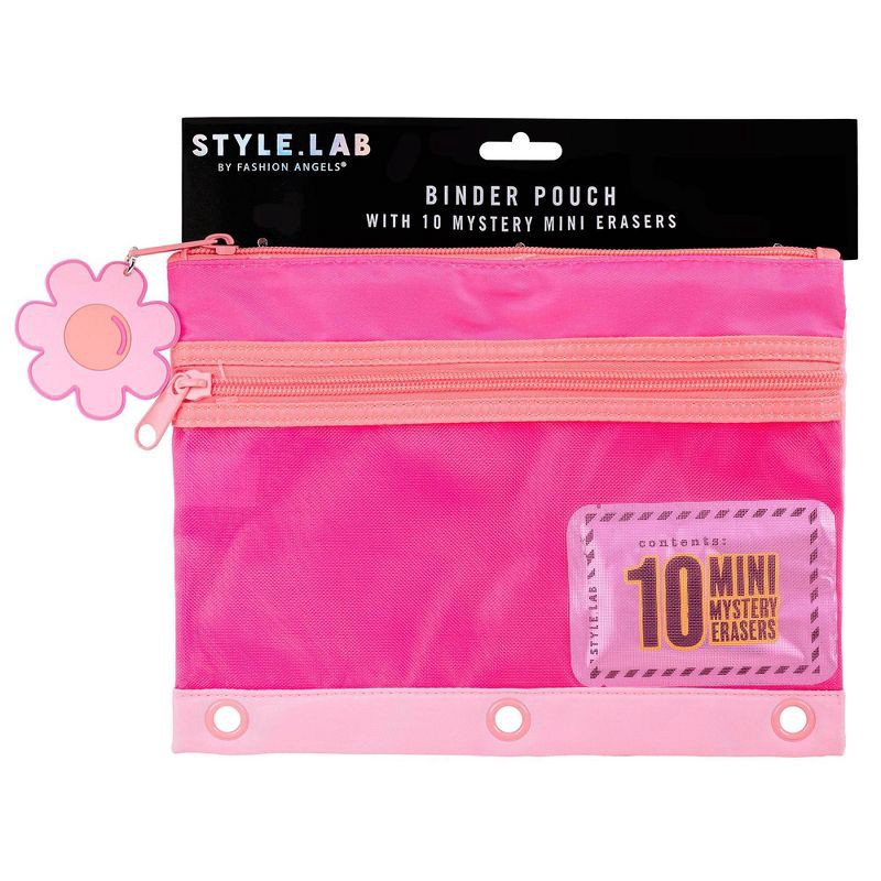 slide 1 of 5, Style Lab Colorblocked Nylon and Mesh Binder Pouch with 10 Mini Erasers Pink, 1 ct