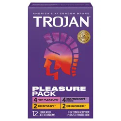 Trojan Pleasure Pack, Assorted Latex Lubricated Condoms for Men, Her Pleasure, Bareskin Studded, Ecstasy & Charged Varieties, 12 Count