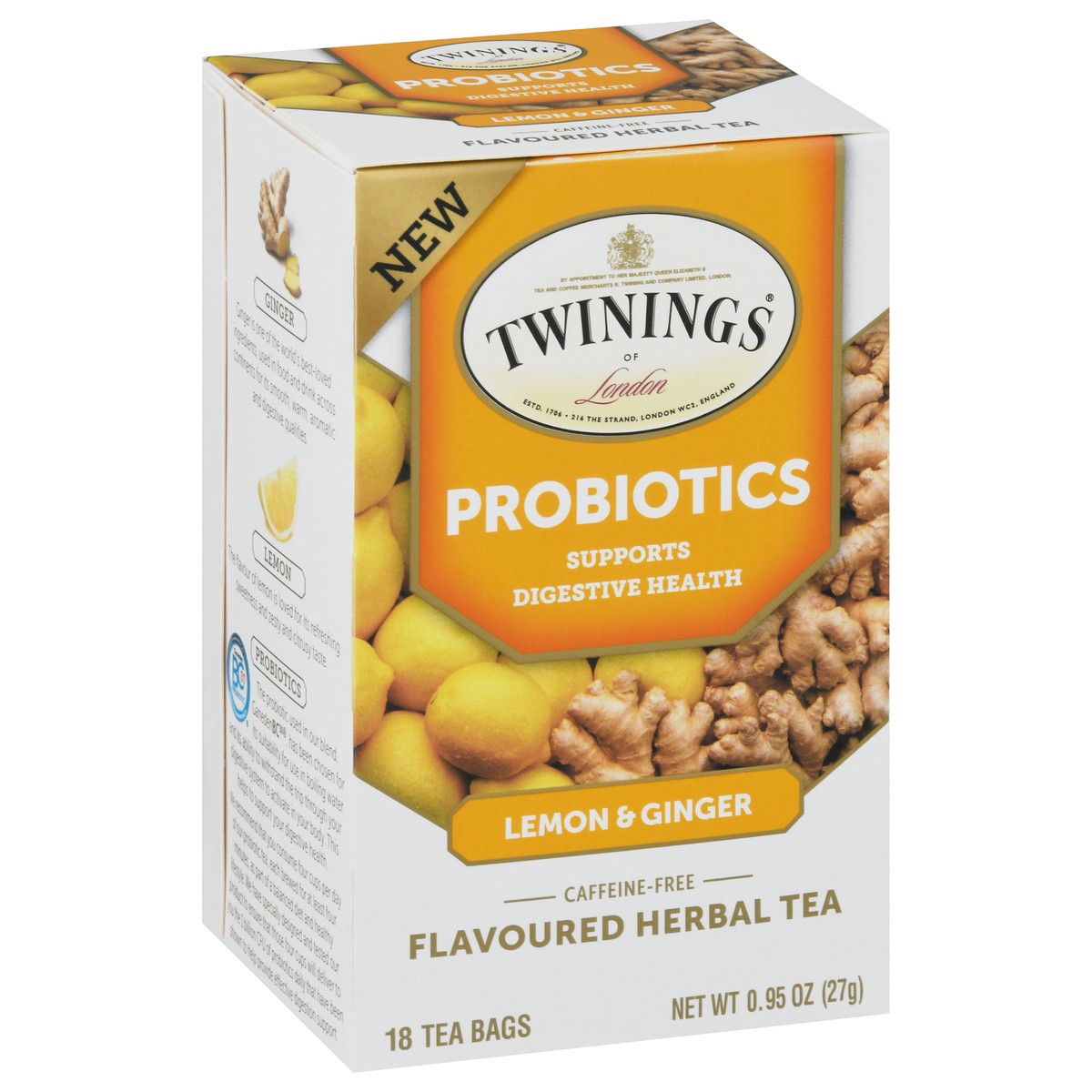slide 11 of 12, Twinings Caffeine-Free Lemon Ginger with Probiotics Flavoured Herbal Tea 18 Tea Bags, 18 ct