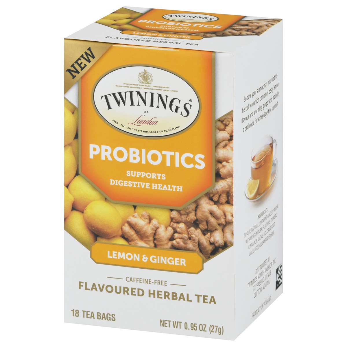 slide 7 of 12, Twinings Caffeine-Free Lemon Ginger with Probiotics Flavoured Herbal Tea 18 Tea Bags, 18 ct