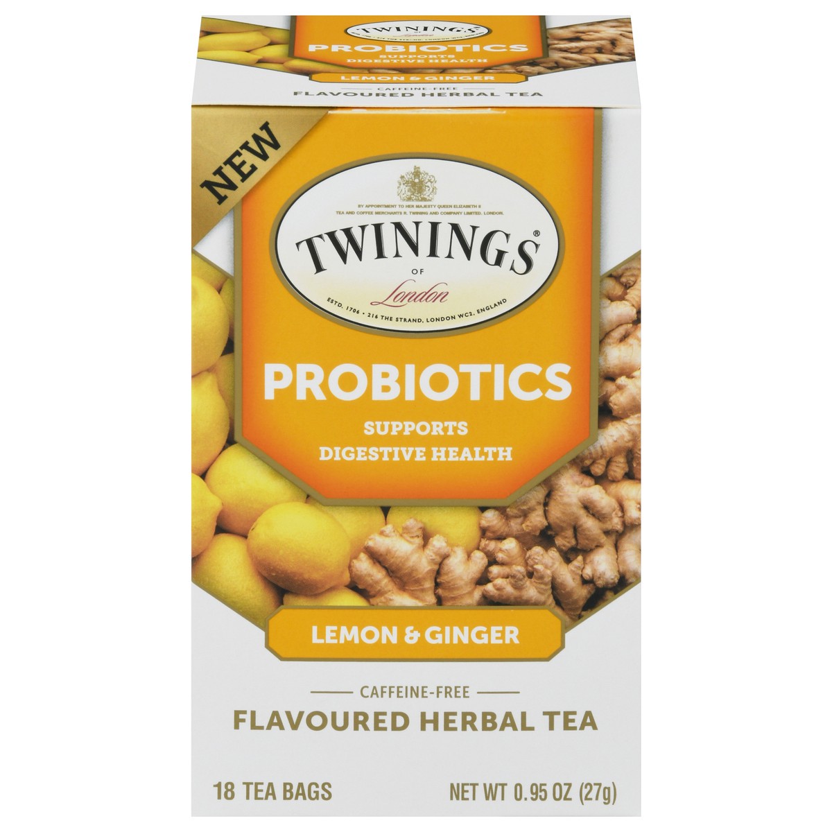 slide 4 of 12, Twinings Caffeine-Free Lemon Ginger with Probiotics Flavoured Herbal Tea 18 Tea Bags, 18 ct