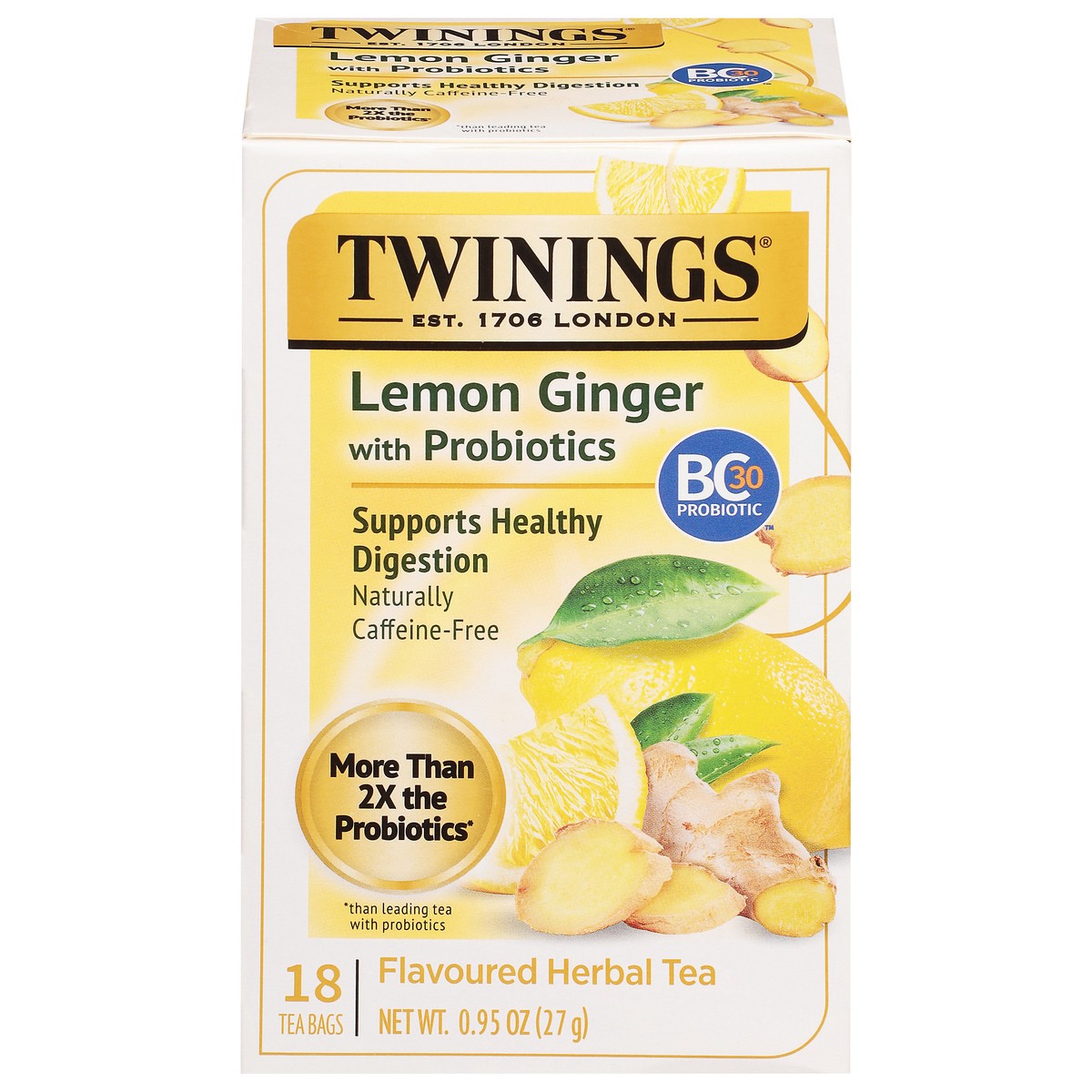 slide 1 of 12, Twinings Caffeine-Free Lemon Ginger with Probiotics Flavoured Herbal Tea 18 Tea Bags, 18 ct