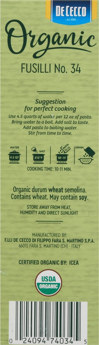 slide 6 of 13, De Cecco Organic Pasta Fusilli, 12 oz