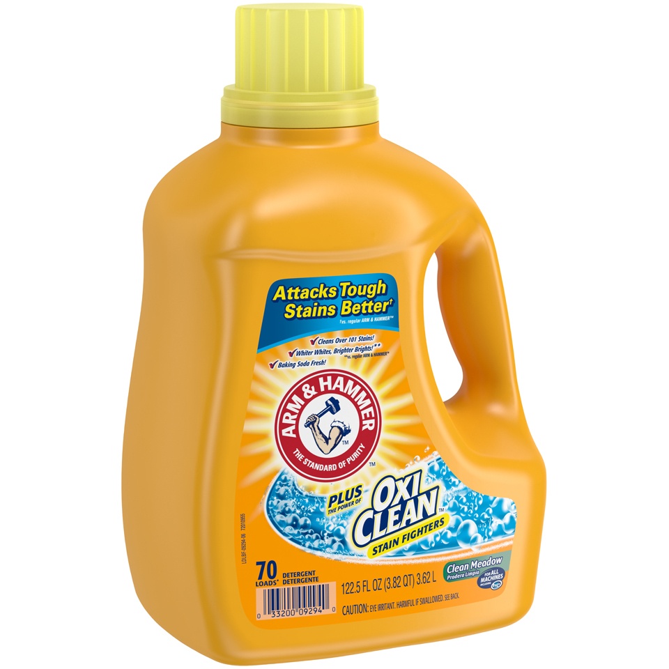 slide 2 of 4, ARM & HAMMER Plus OxiClean Stain Fighters Clean Meadow Detergent 122.5 fl oz, 122.50 fl oz
