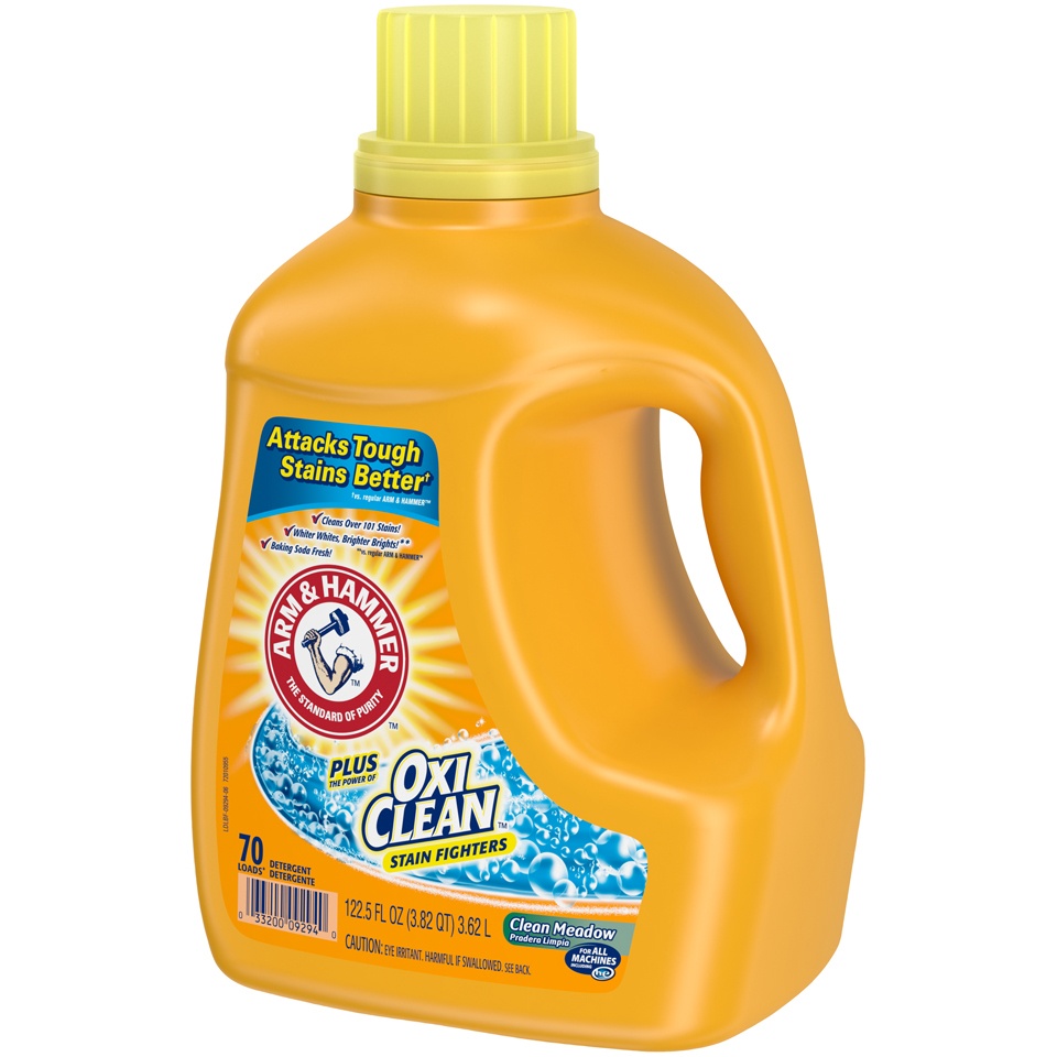slide 3 of 4, ARM & HAMMER Plus OxiClean Stain Fighters Clean Meadow Detergent 122.5 fl oz, 122.50 fl oz