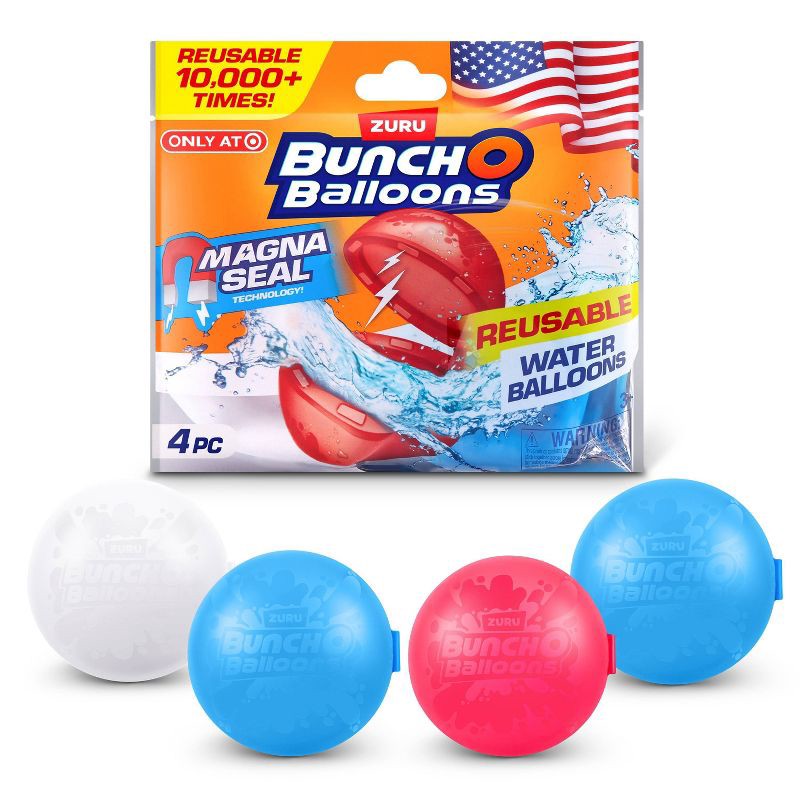 slide 1 of 9, Bunch O Balloons Reusable Water Balloons 4pk- Red/White/Blue: Pool Games for Kids, 4 ct