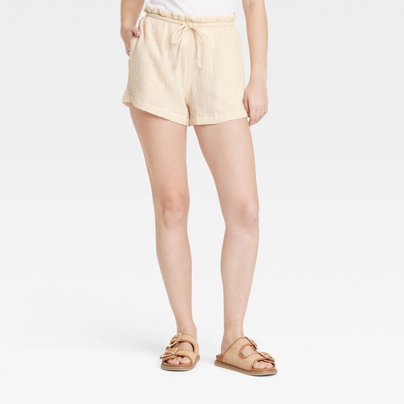 slide 1 of 3, Women's High-Rise Gauze Tie-Waist Pull-On Shorts - Universal Thread™ Cream M: Side Pocket, 3" Inseam, 1 ct
