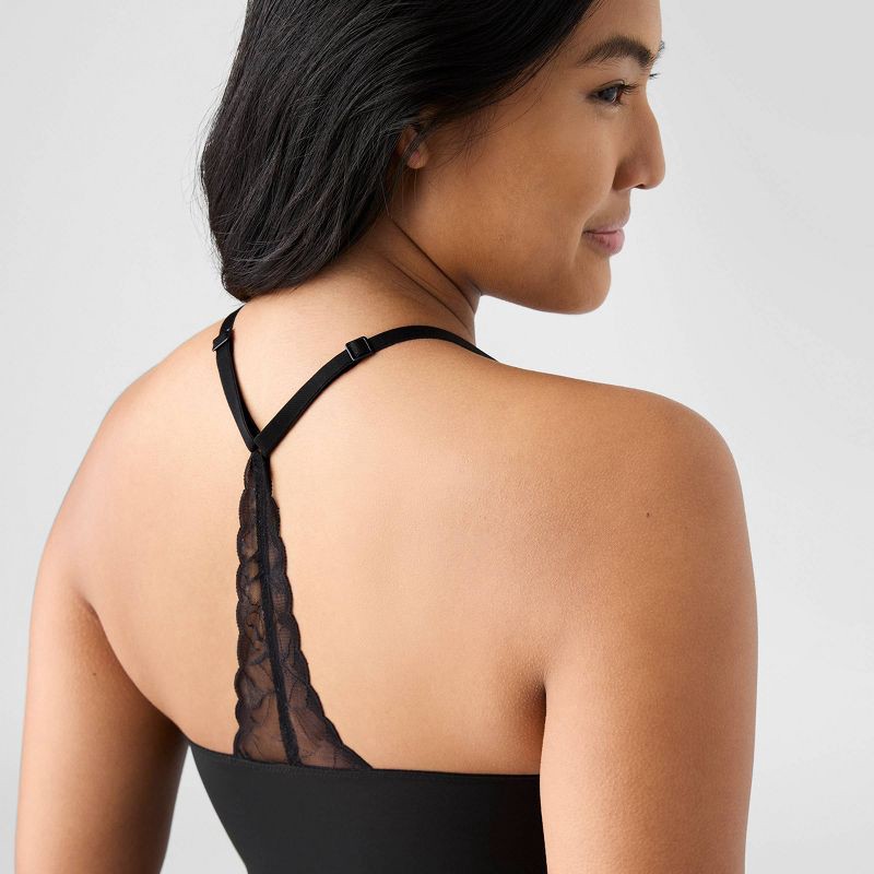 slide 3 of 5, True & Co. Women's V Neck Bra Lace Racerback Bodysuit - Black S, 1 ct