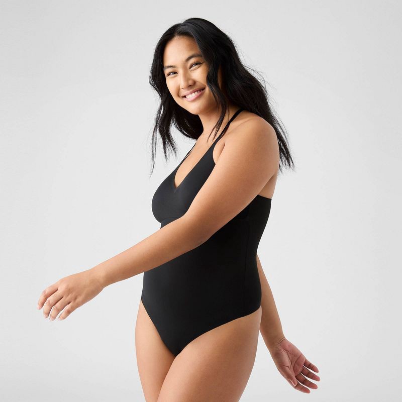 slide 2 of 5, True & Co. Women's V Neck Bra Lace Racerback Bodysuit - Black M: Nylon Spandex, Adjustable Strap, Removable Cup, 1 ct