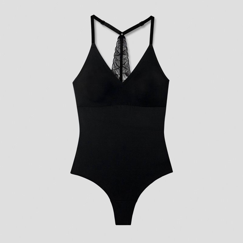 slide 5 of 5, True & Co. Women's V Neck Bra Lace Racerback Bodysuit - Black L, 1 ct