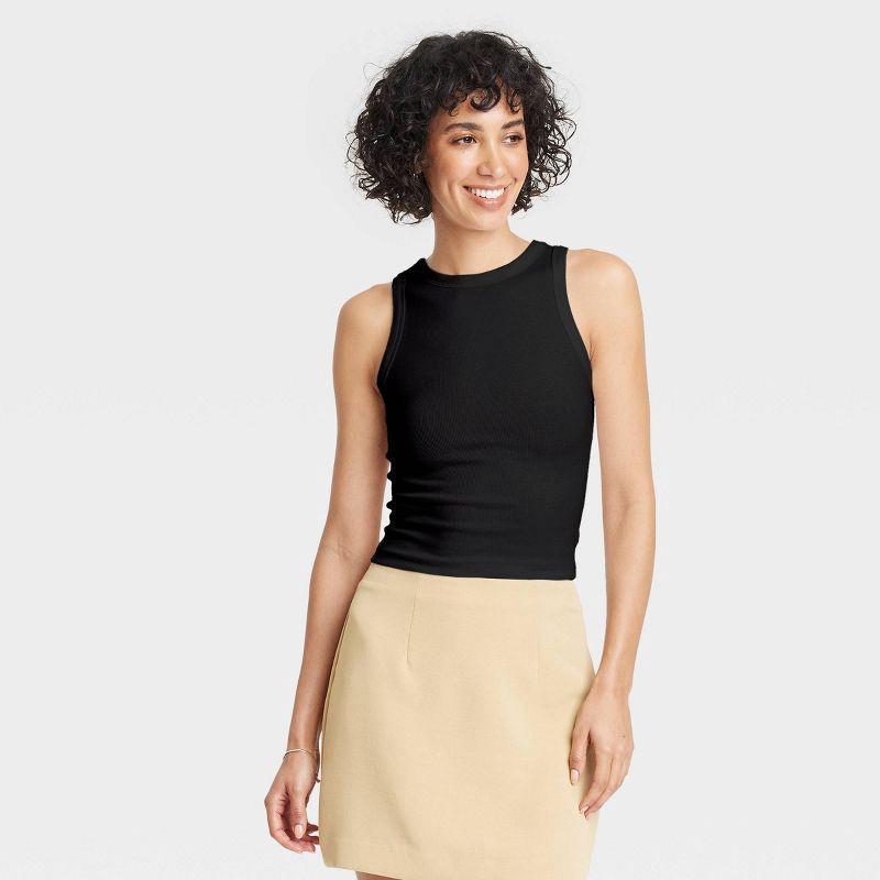 slide 1 of 4, Women's Slim Fit Cropped Ribbed Tank Top - A New Day™ Black L: Cotton Modal Blend, Crew Neck, Sleeveless Pullover, 1 ct