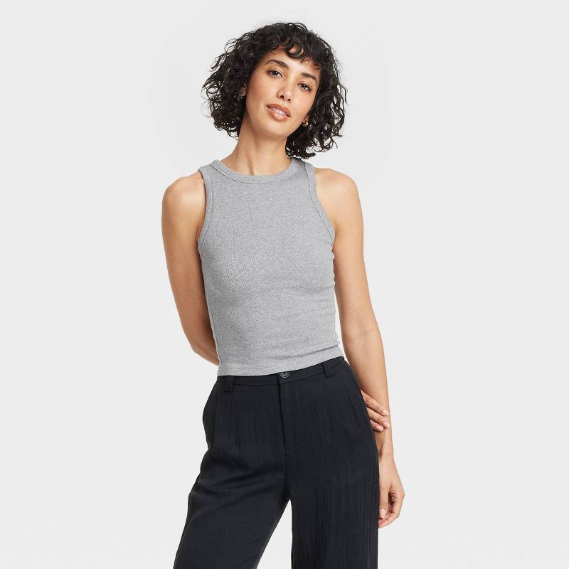 slide 1 of 4, Women's Slim Fit Cropped Ribbed Tank Top - A New Day™ Gray M: Cotton Modal Blend, Crew Neck, Sleeveless Pullover, 1 ct