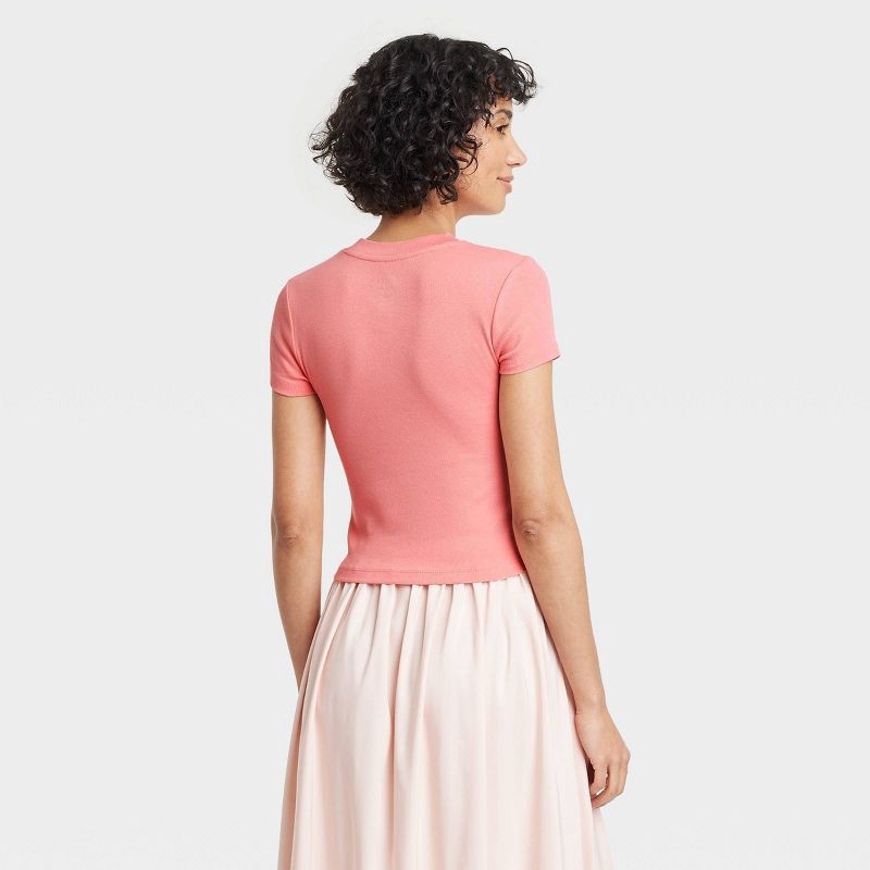 slide 2 of 4, Women's Slim Fit Short Sleeve Cropped Ribbed T-Shirt - A New Day™ Pink XL: Cotton-Modal Blend, Crew Neck, Pullover Style, 1 ct