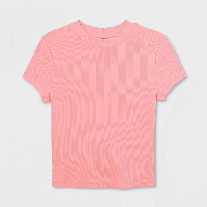slide 4 of 4, Women's Slim Fit Short Sleeve Cropped Ribbed T-Shirt - A New Day™ Pink XL: Cotton-Modal Blend, Crew Neck, Pullover Style, 1 ct