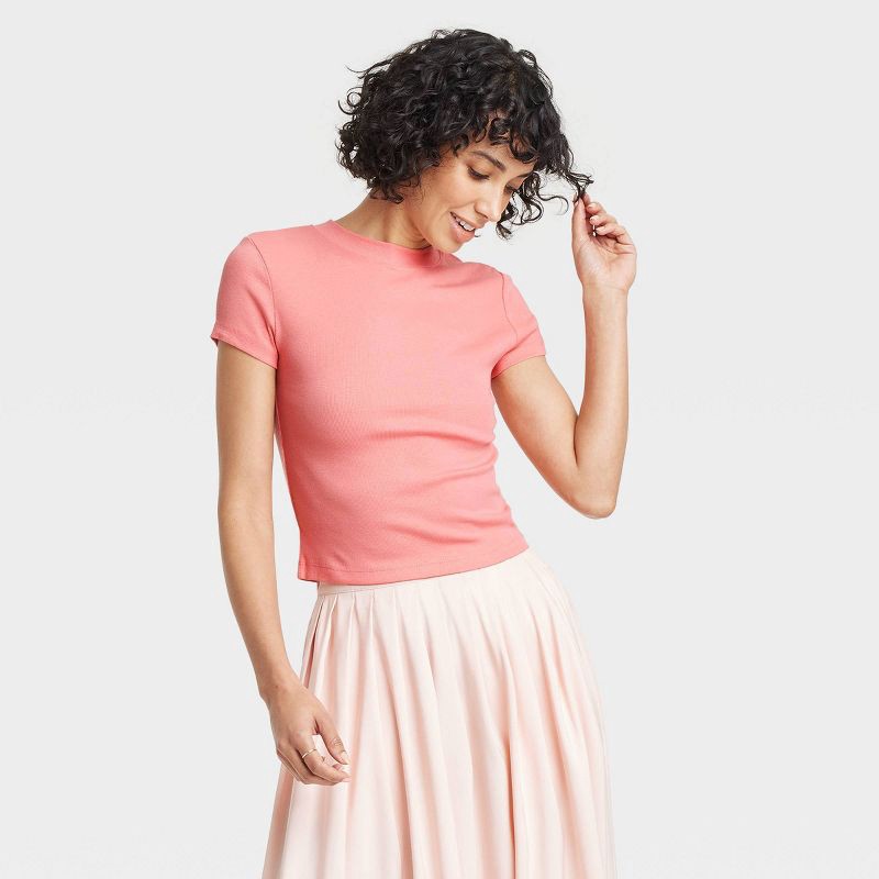 slide 1 of 4, Women's Slim Fit Short Sleeve Cropped Ribbed T-Shirt - A New Day™ Pink XL: Cotton-Modal Blend, Crew Neck, Pullover Style, 1 ct