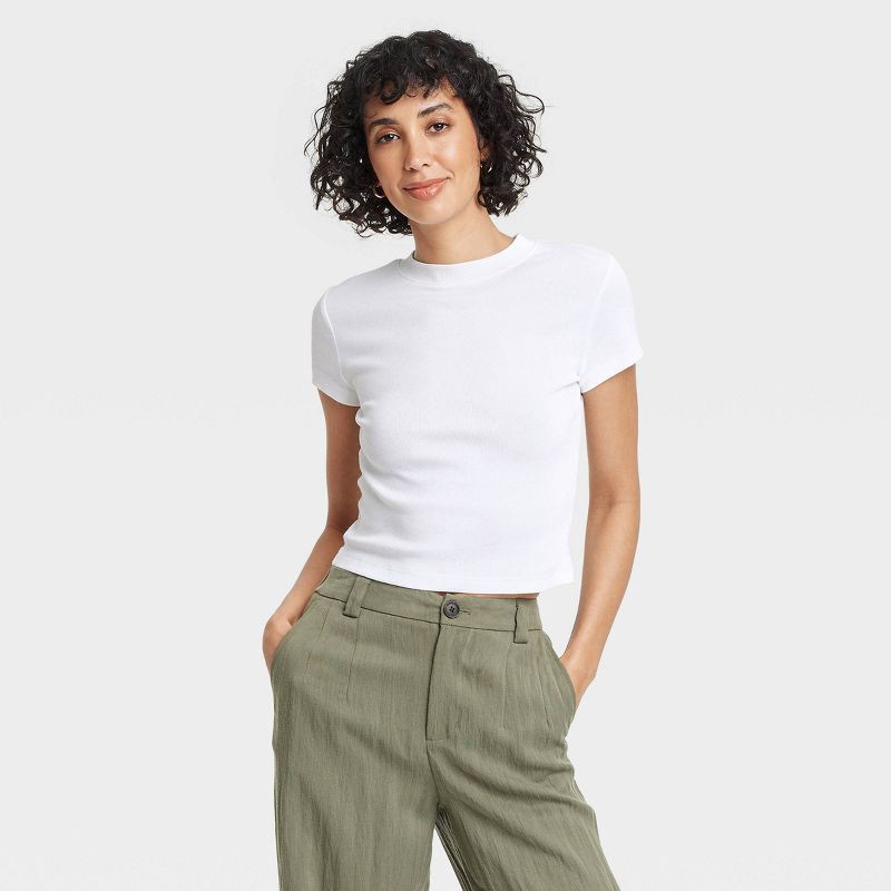 slide 1 of 4, Women's Slim Fit Short Sleeve Cropped Ribbed T-Shirt - A New Day™ White S: Cotton Modal Blend, Crew Neck, 1 ct