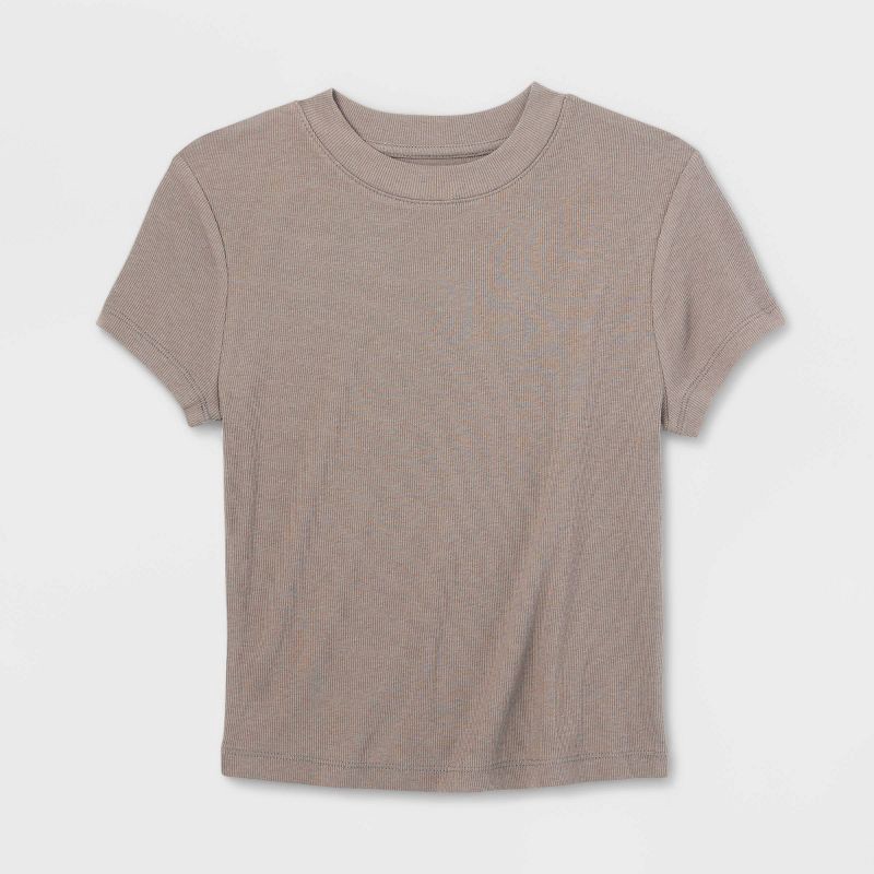 slide 4 of 4, Women's Slim Fit Short Sleeve Cropped Ribbed T-Shirt - A New Day™ Gray XS: Cotton Modal Blend, Crew Neck, Pullover Style, 1 ct