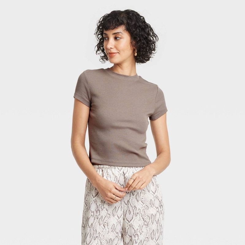 slide 1 of 4, Women's Slim Fit Short Sleeve Cropped Ribbed T-Shirt - A New Day™ Gray XS: Cotton Modal Blend, Crew Neck, Pullover Style, 1 ct