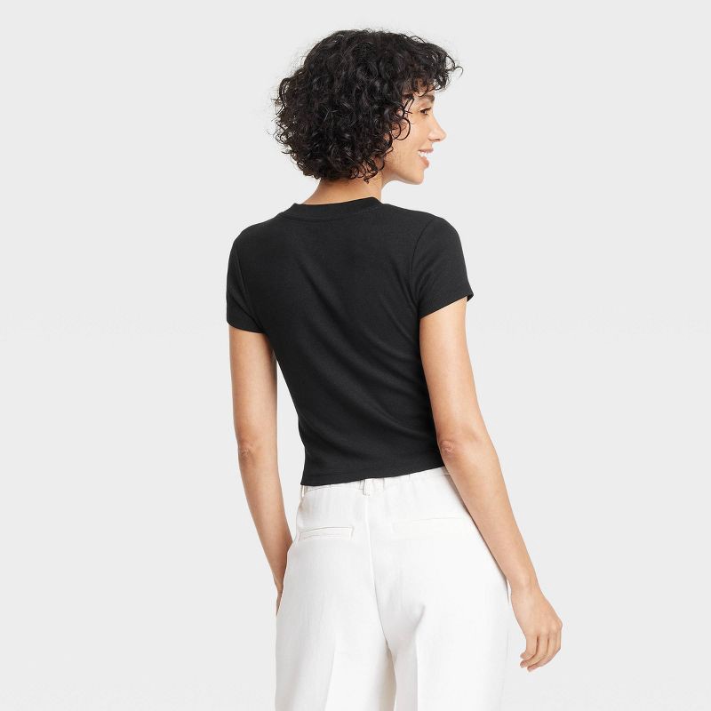 slide 2 of 4, Women's Slim Fit Short Sleeve Cropped Ribbed T-Shirt - A New Day™ Black M: Cotton-Modal Blend, Crew Neck, Pullover Style, Knit Fabric, 1 ct