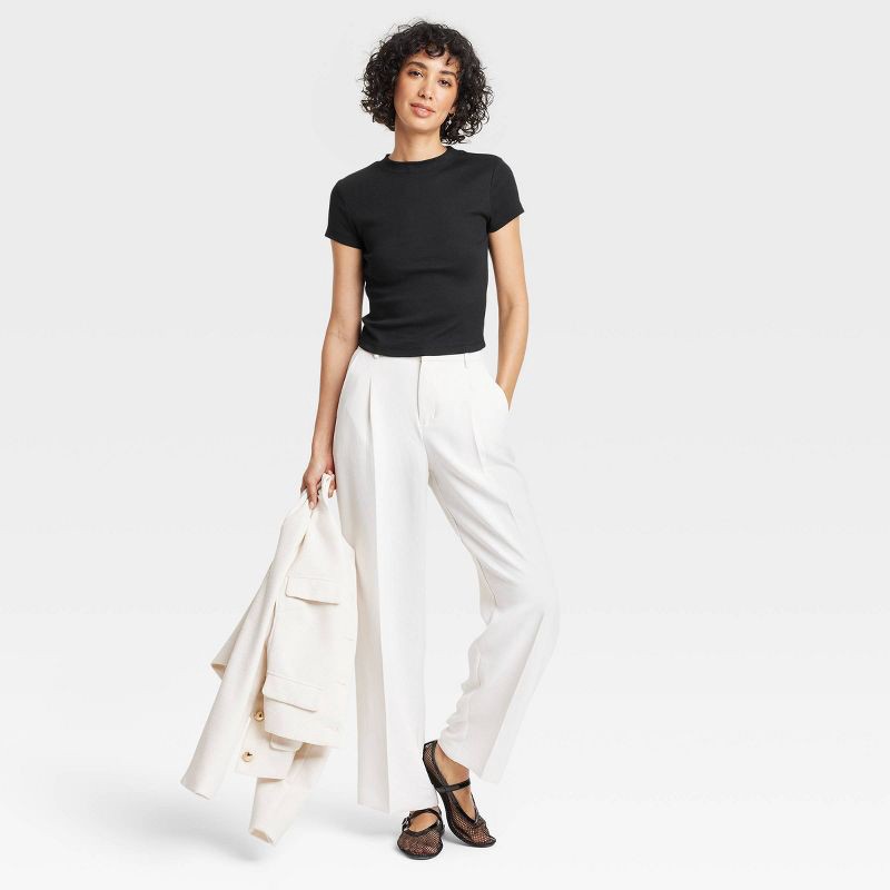 slide 3 of 4, Women's Slim Fit Short Sleeve Cropped Ribbed T-Shirt - A New Day™ Black M: Cotton-Modal Blend, Crew Neck, Pullover Style, Knit Fabric, 1 ct