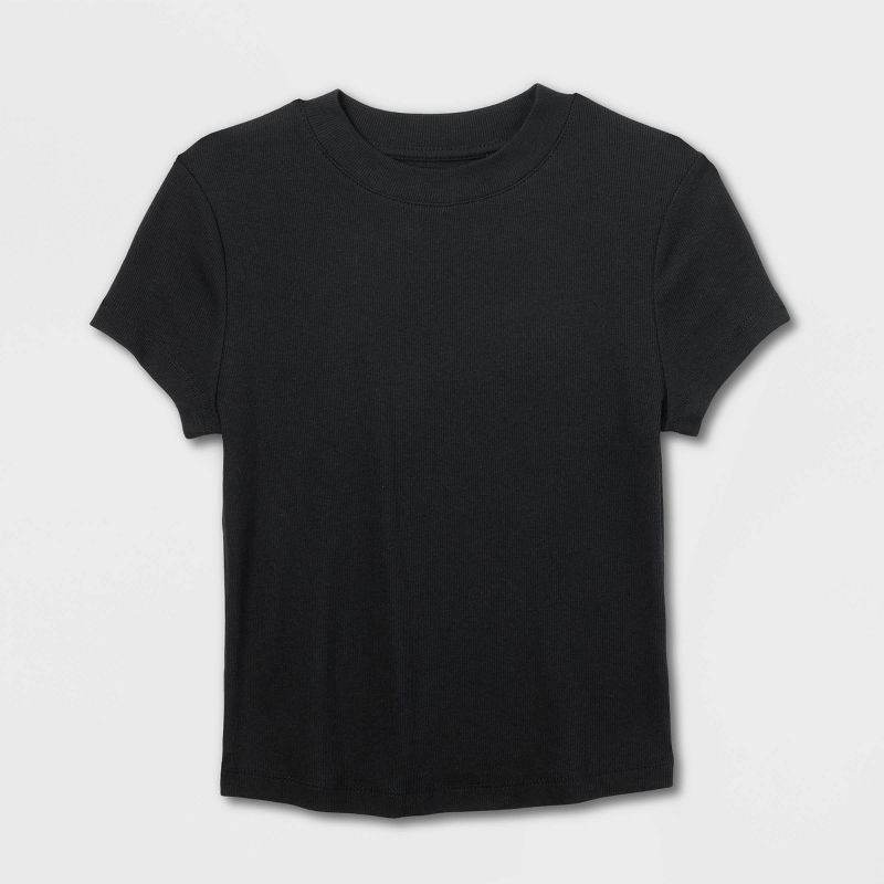 slide 4 of 4, Women's Slim Fit Short Sleeve Cropped Ribbed T-Shirt - A New Day™ Black M: Cotton-Modal Blend, Crew Neck, Pullover Style, Knit Fabric, 1 ct