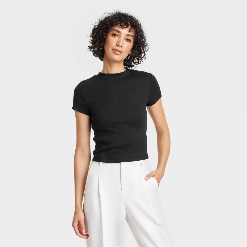 slide 1 of 4, Women's Slim Fit Short Sleeve Cropped Ribbed T-Shirt - A New Day™ Black M: Cotton-Modal Blend, Crew Neck, Pullover Style, Knit Fabric, 1 ct