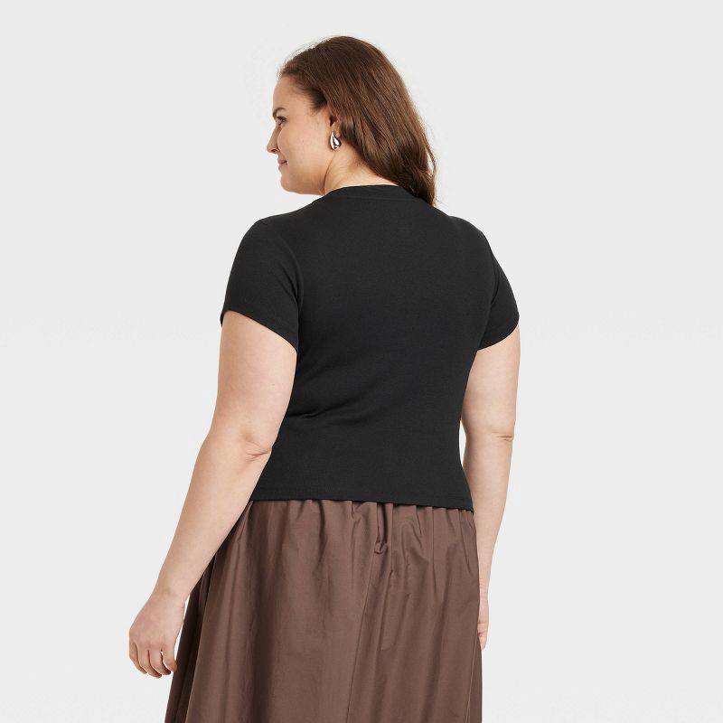 slide 2 of 3, Women's Slim Fit Short Sleeve Cropped Ribbed T-Shirt - A New Day™ Black XXL: Cotton Modal Blend, Crew Neck, Pullover Style, 1 ct