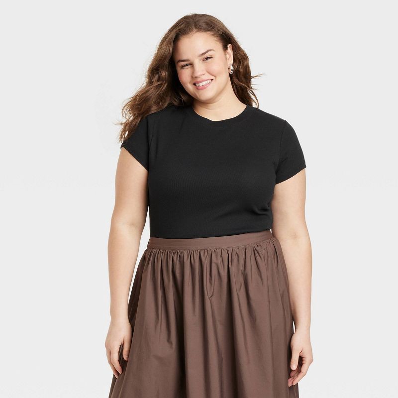 slide 1 of 3, Women's Slim Fit Short Sleeve Cropped Ribbed T-Shirt - A New Day™ Black XXL: Cotton Modal Blend, Crew Neck, Pullover Style, 1 ct