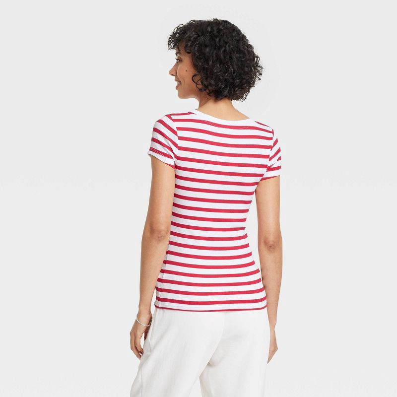 slide 2 of 4, Women's Slim Fit Short Sleeve Ribbed Scoopneck T-Shirt - A New Day™ Red Striped M: Knit Pullover, Below Waist, 1 ct
