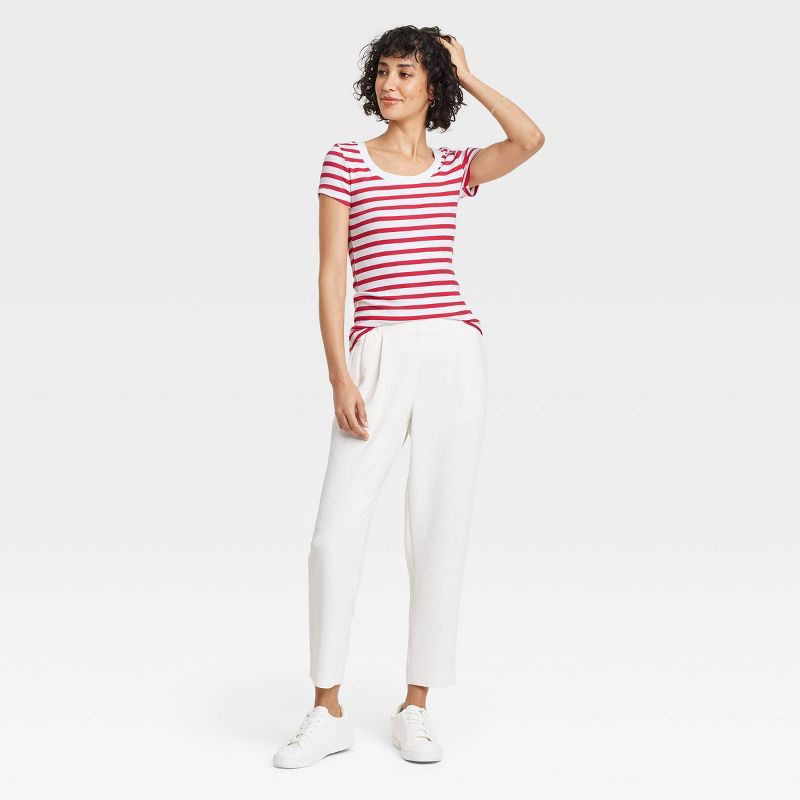 slide 3 of 4, Women's Slim Fit Short Sleeve Ribbed Scoopneck T-Shirt - A New Day™ Red Striped M: Knit Pullover, Below Waist, 1 ct