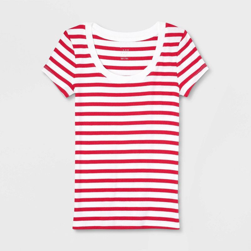 slide 4 of 4, Women's Slim Fit Short Sleeve Ribbed Scoopneck T-Shirt - A New Day™ Red Striped M: Knit Pullover, Below Waist, 1 ct