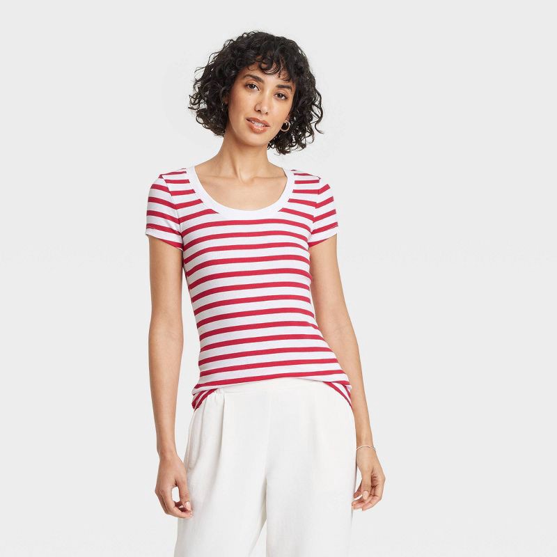 slide 1 of 4, Women's Slim Fit Short Sleeve Ribbed Scoopneck T-Shirt - A New Day™ Red Striped M: Knit Pullover, Below Waist, 1 ct
