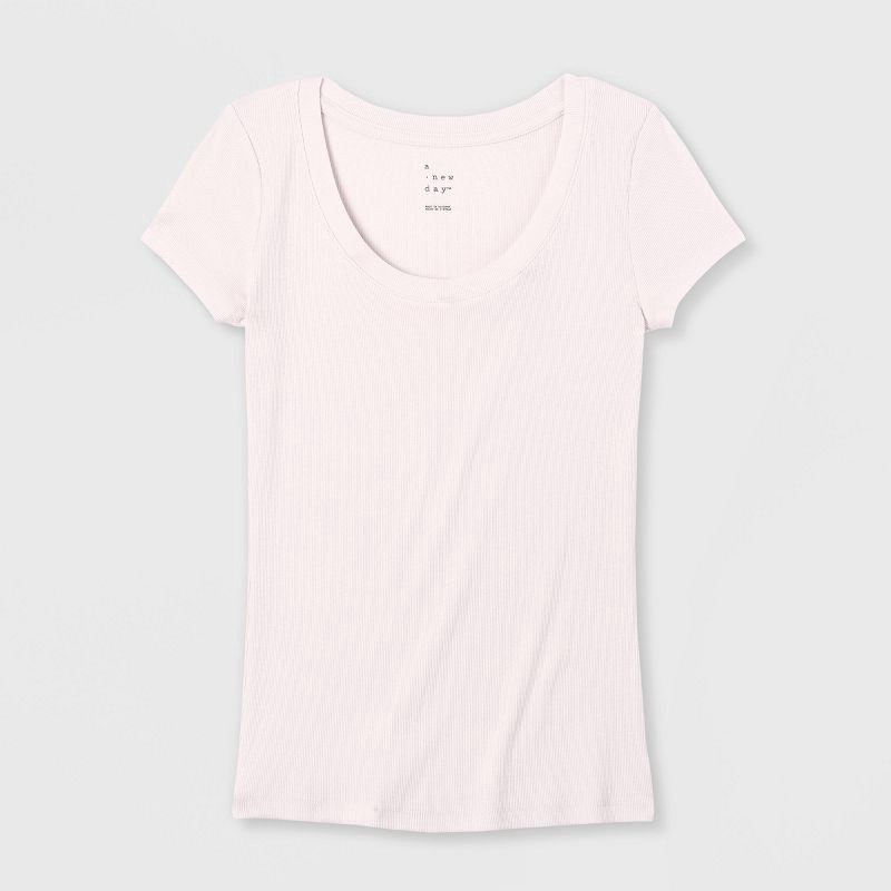 slide 4 of 4, Women's Slim Fit Short Sleeve Ribbed Scoopneck T-Shirt - A New Day™ Pink L: Cotton Modal Blend, Midweight Knit, Pullover Style, 1 ct