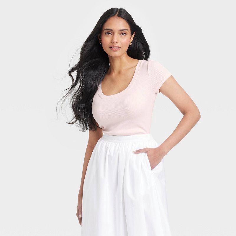 slide 1 of 4, Women's Slim Fit Short Sleeve Ribbed Scoopneck T-Shirt - A New Day™ Pink L: Cotton Modal Blend, Midweight Knit, Pullover Style, 1 ct