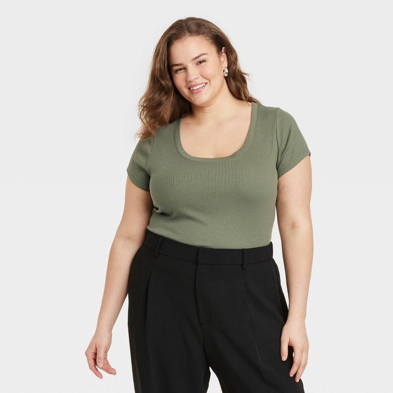 slide 1 of 4, Women's Slim Fit Short Sleeve Ribbed Scoopneck T-Shirt - A New Day™ Olive S: Cotton Modal Blend, Pullover Knit Top, 1 ct