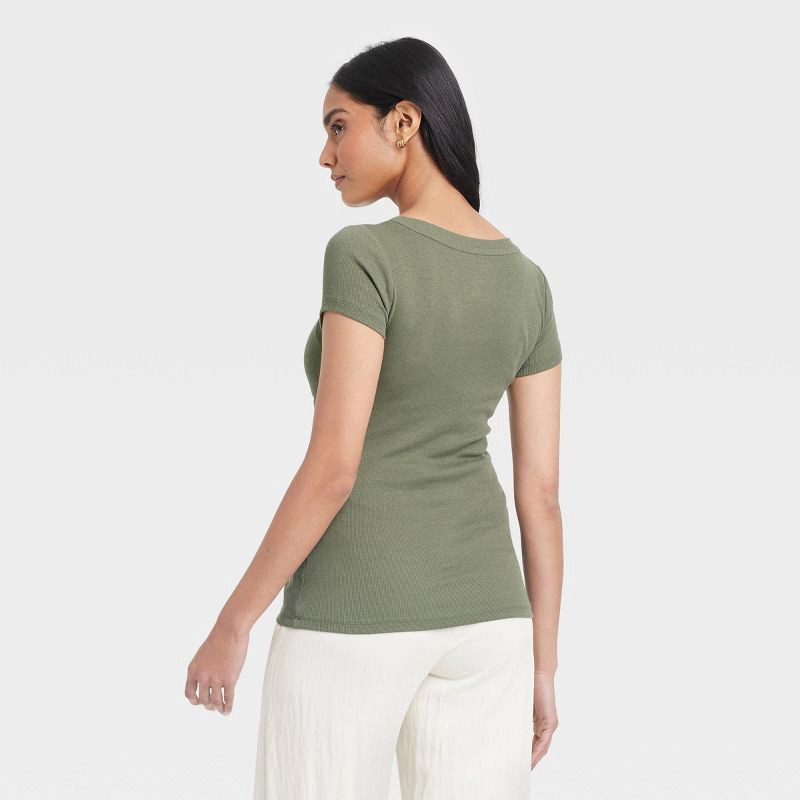 slide 2 of 4, Women's Slim Fit Short Sleeve Ribbed Scoopneck T-Shirt - A New Day™ Olive Green M: Cotton Modal Blend, Pullover, 1 ct