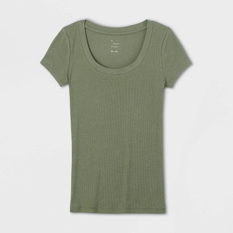 slide 4 of 4, Women's Slim Fit Short Sleeve Ribbed Scoopneck T-Shirt - A New Day™ Olive Green M: Cotton Modal Blend, Pullover, 1 ct