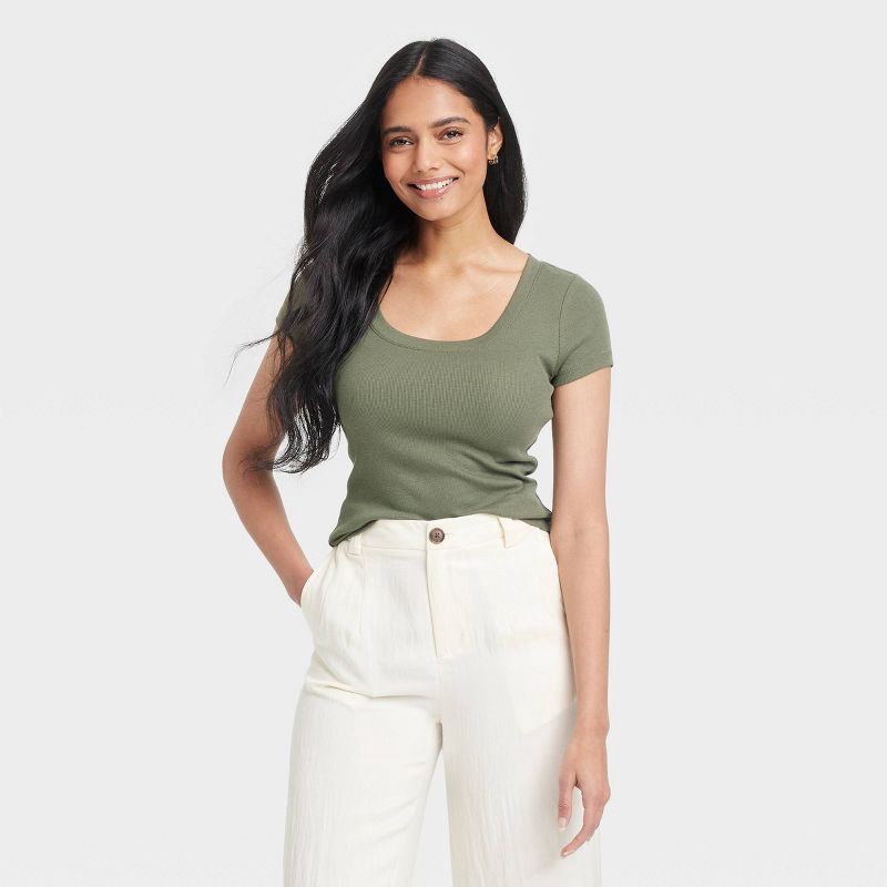 slide 1 of 4, Women's Slim Fit Short Sleeve Ribbed Scoopneck T-Shirt - A New Day™ Olive Green M: Cotton Modal Blend, Pullover, 1 ct