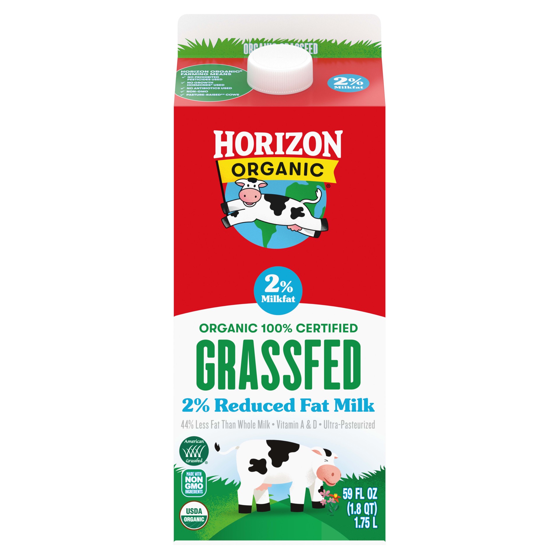 slide 1 of 12, Horizon Organic Grassfed 2 Percent Milk, Reduced Fat Milk, 59 FL OZ Carton, 59 fl oz