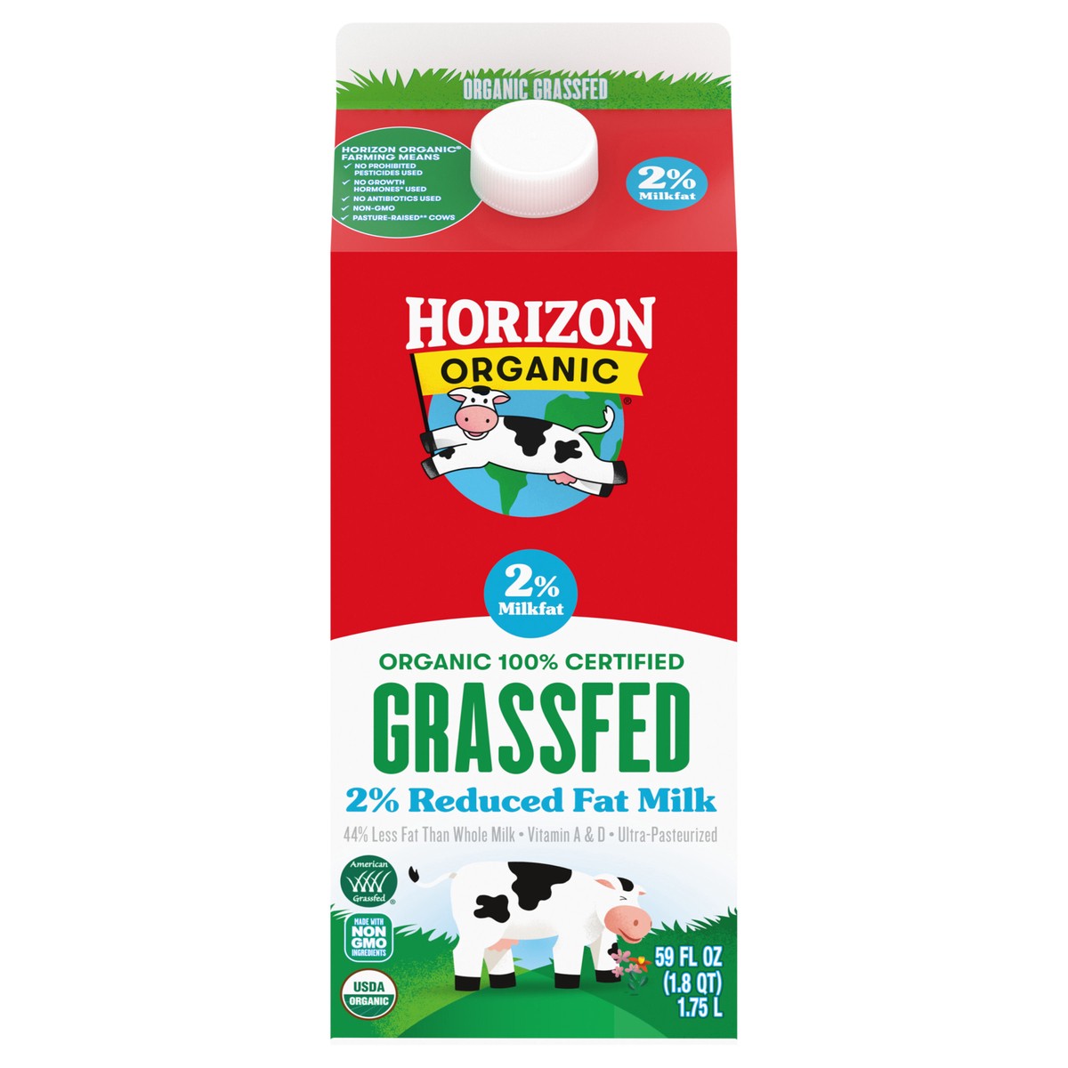 slide 1 of 12, Horizon Organic Grassfed 2 Percent Milk, Reduced Fat Milk, 59 FL OZ Carton, 59 fl oz