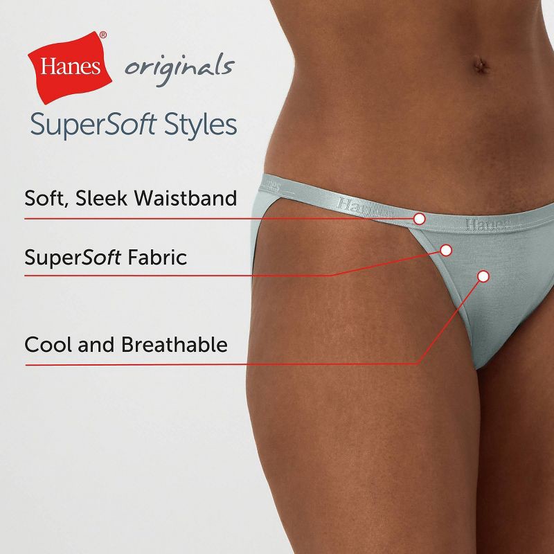 slide 6 of 6, Hanes Originals Women's 3pk SuperSoft Low-Rise String Bikini Underwear - White/Olive/Pink L: Tagless Knit Viscose Blend, 3 ct
