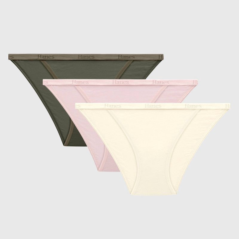 slide 1 of 6, Hanes Originals Women's 3pk SuperSoft Low-Rise String Bikini Underwear - White/Olive/Pink XL: Lightweight Knit, Tagless, Full Elastic Waistband, 3 ct