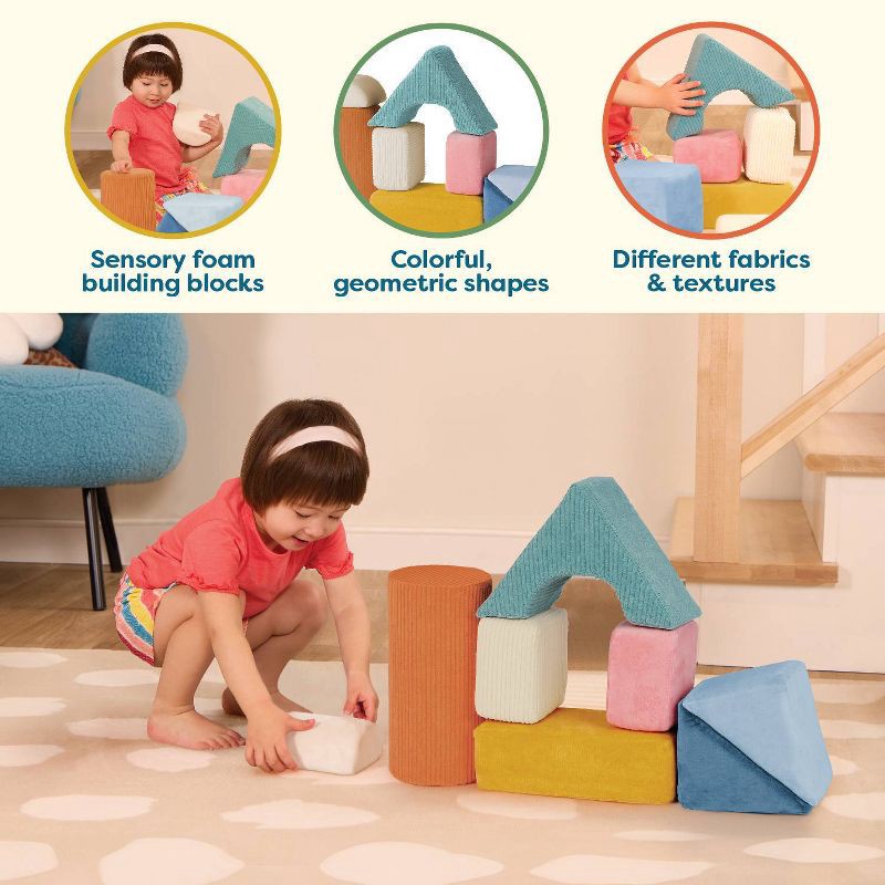 slide 3 of 8, B. toys Tumble-y Towers Soft Sensory Baby Blocks for Stacking, 1 ct