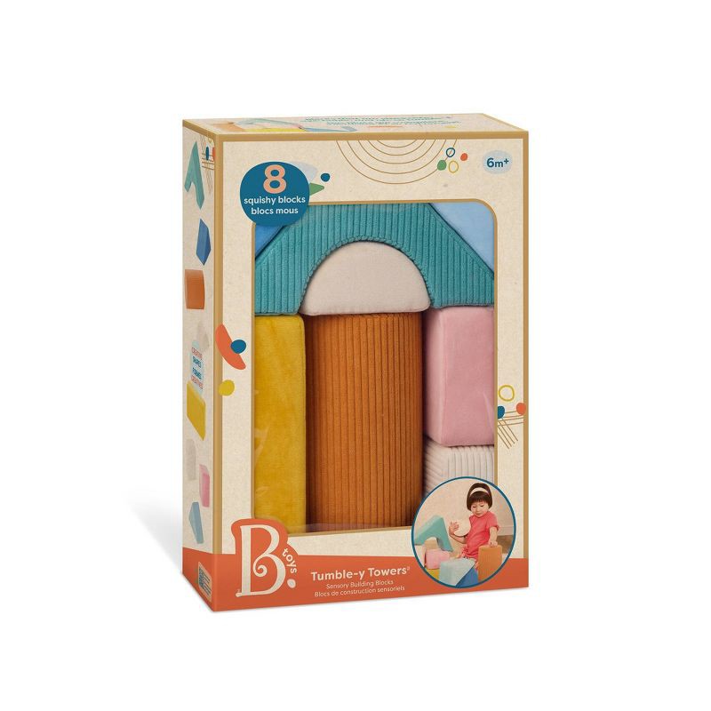 slide 8 of 8, B. toys Tumble-y Towers Soft Sensory Baby Blocks for Stacking, 1 ct