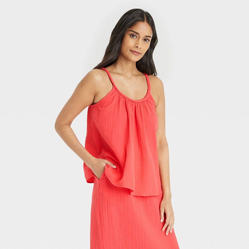 slide 1 of 3, Women's Gauze Tank Top - Universal Thread™ Coral Red XS: Scoopneck, Sleeveless, Pullover, 1 ct