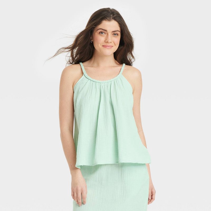slide 1 of 3, Women's Gauze Tank Top - Universal Thread™ Light Green L: Scoopneck, Pullover, Woven, 1 ct