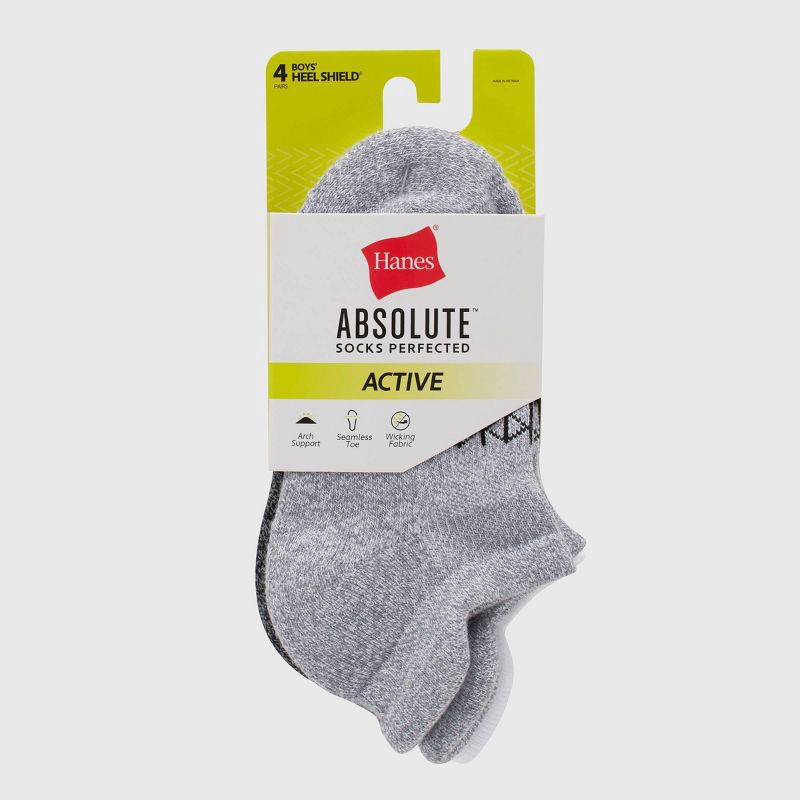 slide 2 of 6, Hanes Boys' 4pk Absolute Active Heel Shield Socks - White L: Moisture Wicking, Arch Support, Ankle Length, 4 ct
